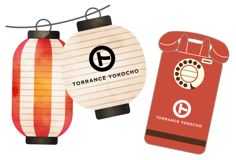 Lanterns with Torrance Yokocho logo and phone illustration
