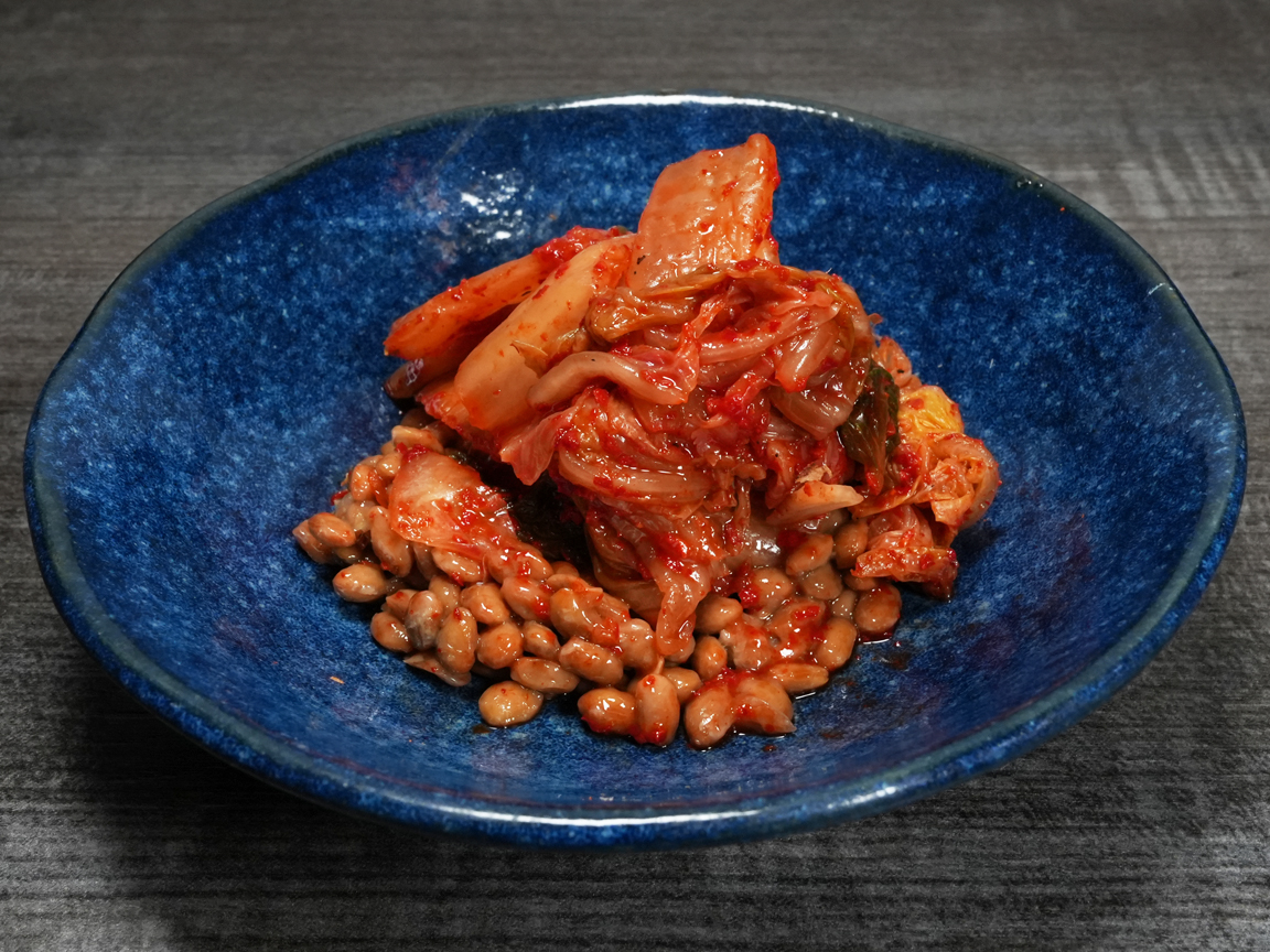 Kimchi and natto mix, Japanese-Korean fusion dish at Torrance Yokocho