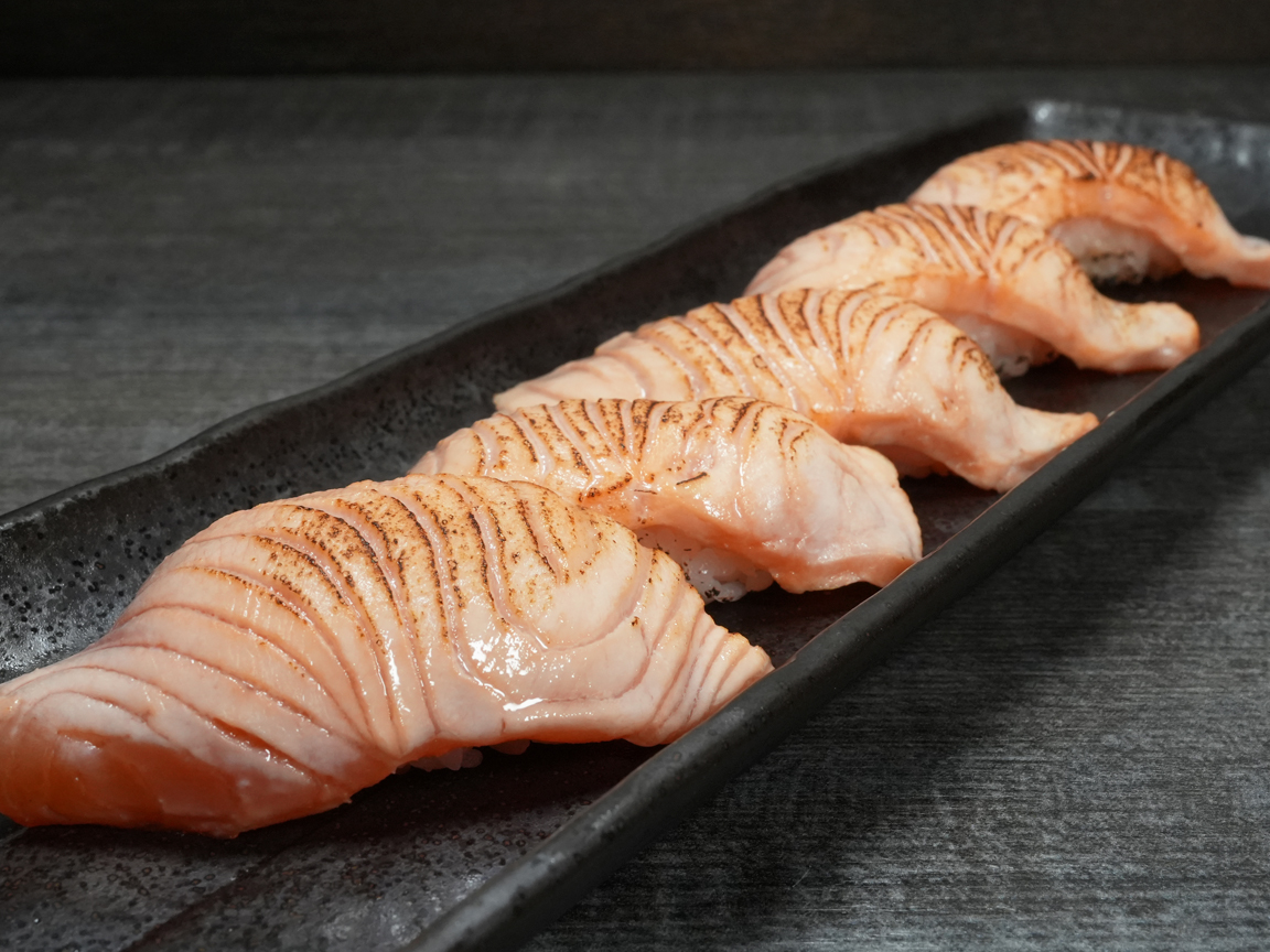 Seared salmon nigiri sushi, aburi style at Torrance Yokocho