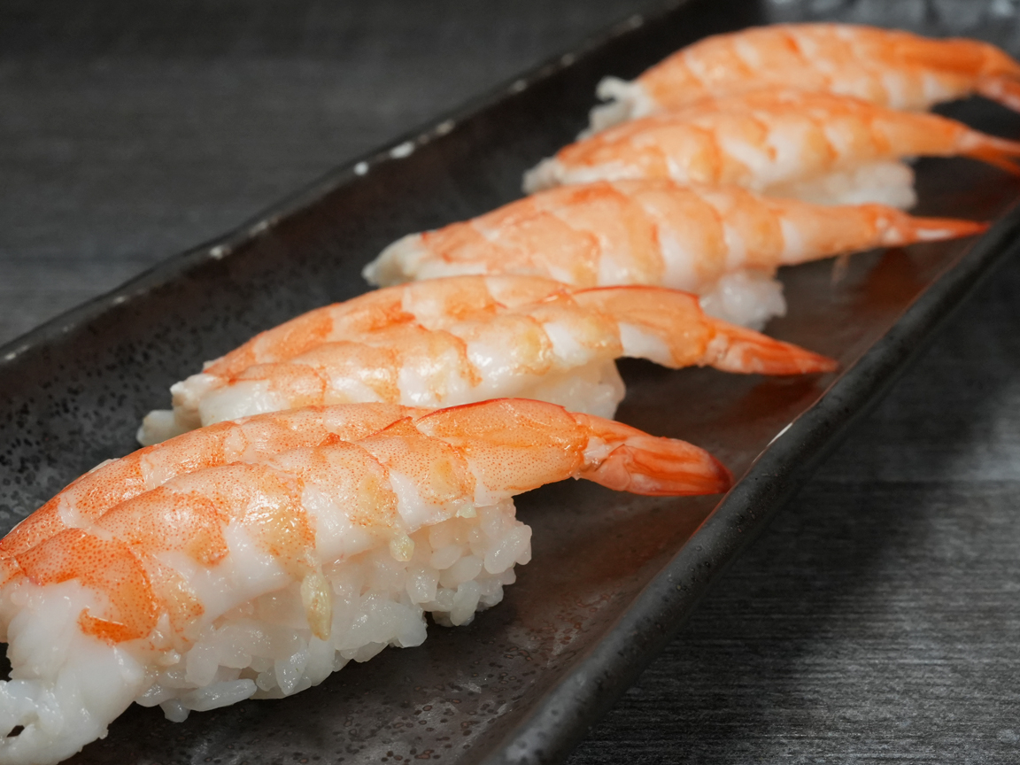Shrimp nigiri sushi, fresh ebi at Torrance Yokocho