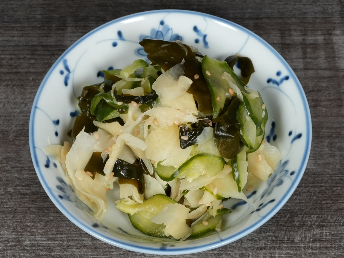 Cucumber and pickled ginger mix, Japanese snack at Torrance Yokocho