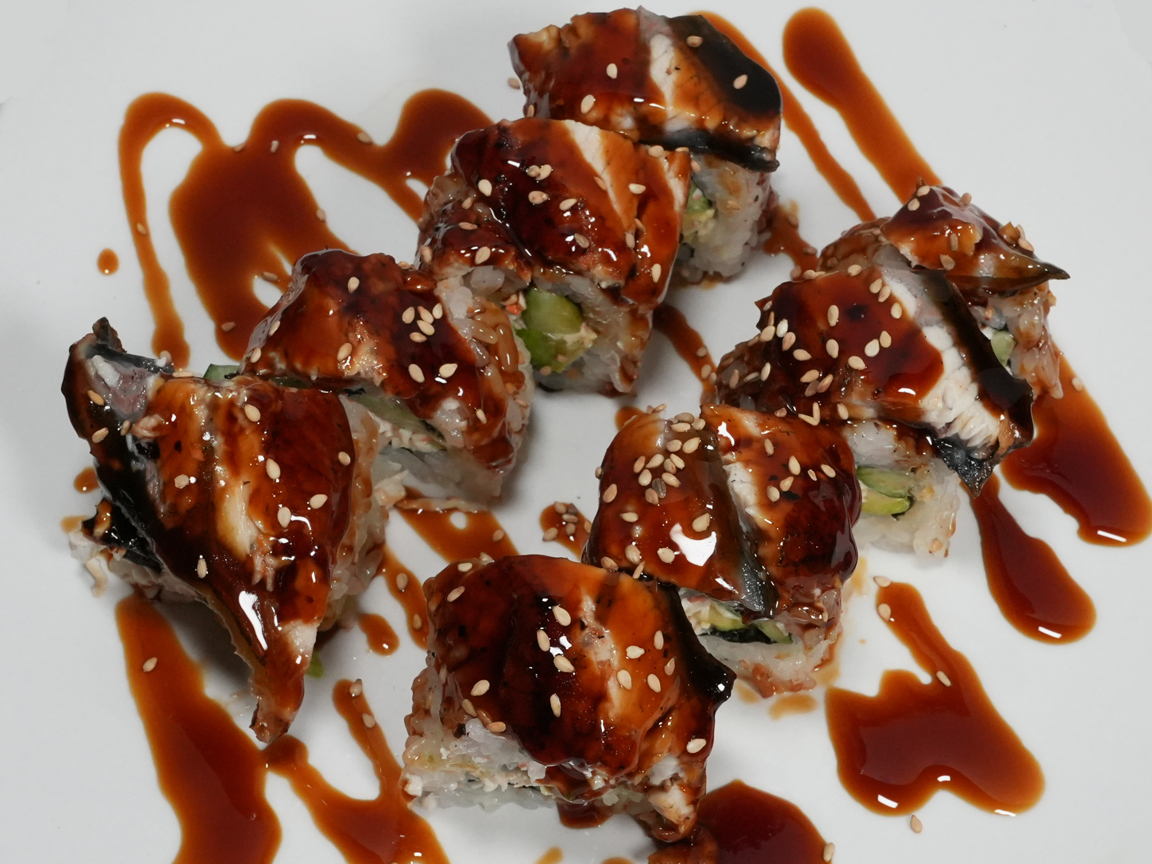Dragon roll sushi with eel and avocado at Torrance Yokocho