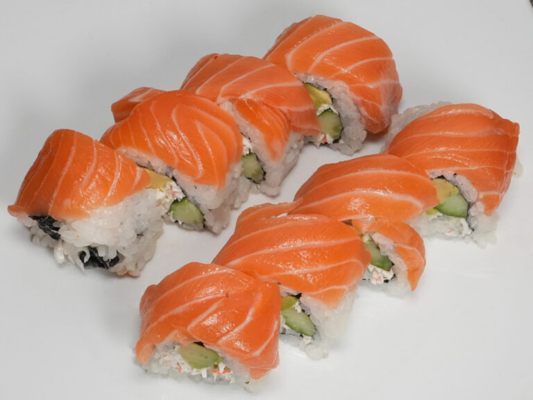 Salmon roll, sushi roll with fresh salmon at Torrance Yokocho