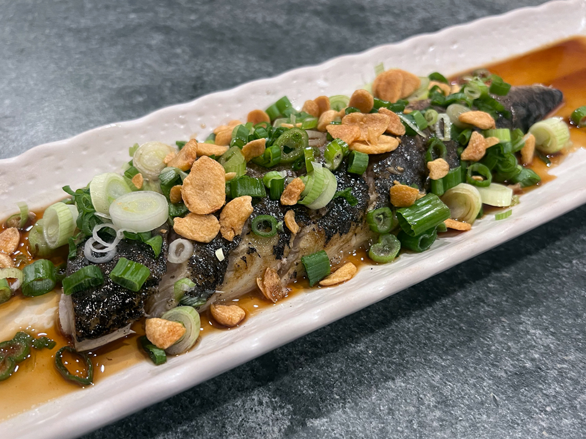Seared vinegar mackerel sashimi with ponzu and green onion at Torrance Yokocho