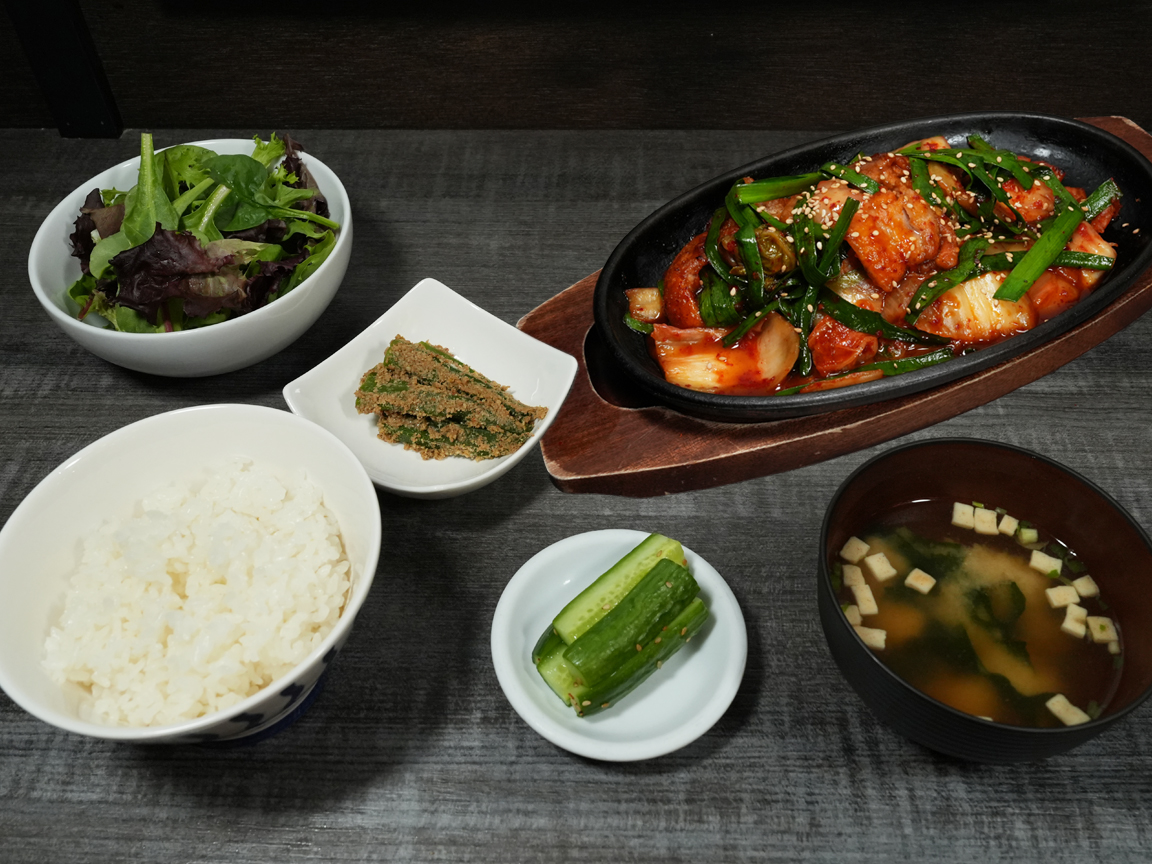 Pork and kimchi stir-fry set meal with rice and miso soup at Torrance Yokocho