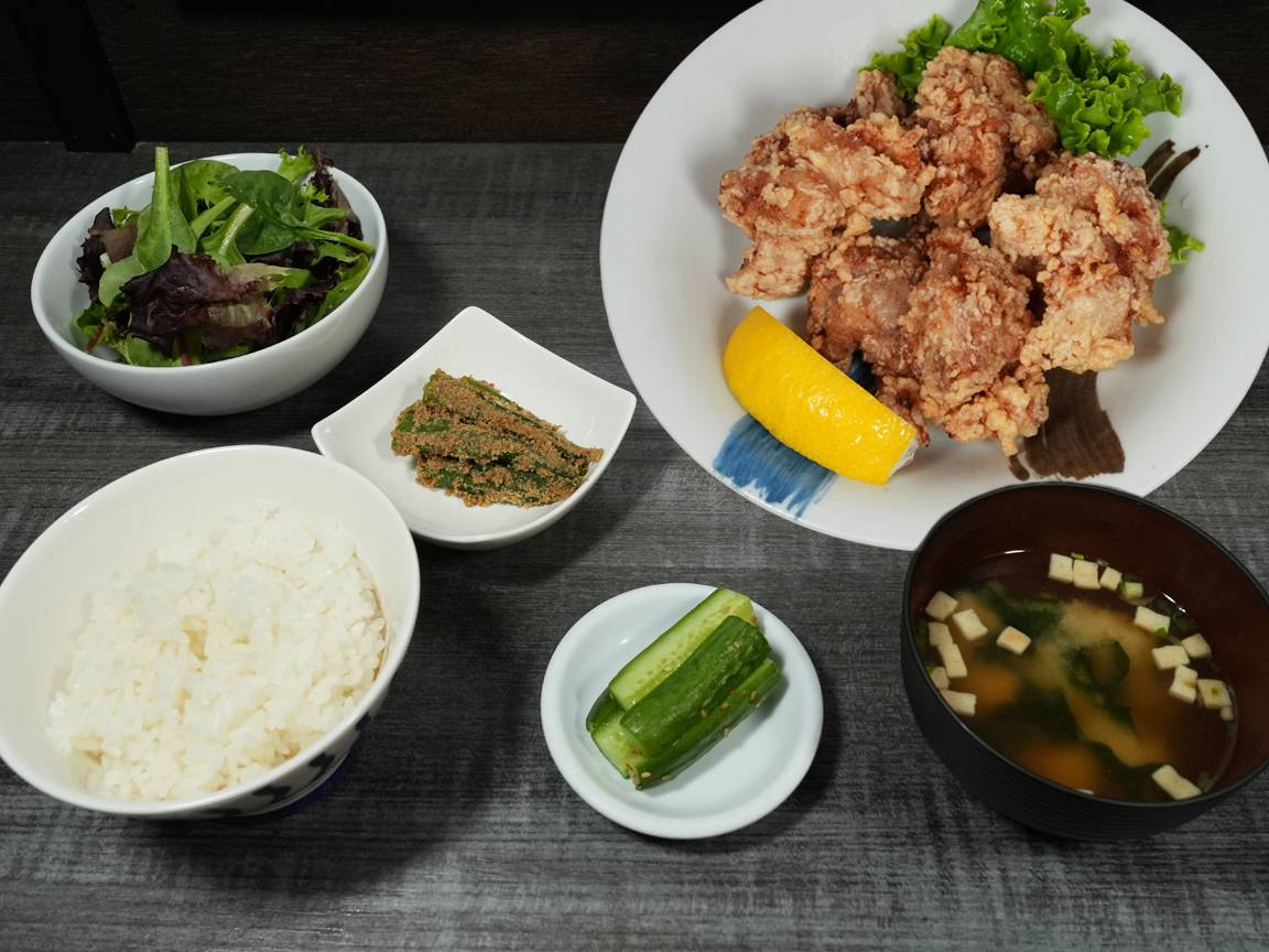 Karaage Japanese fried chicken set meal with rice and miso soup at Torrance Yokocho