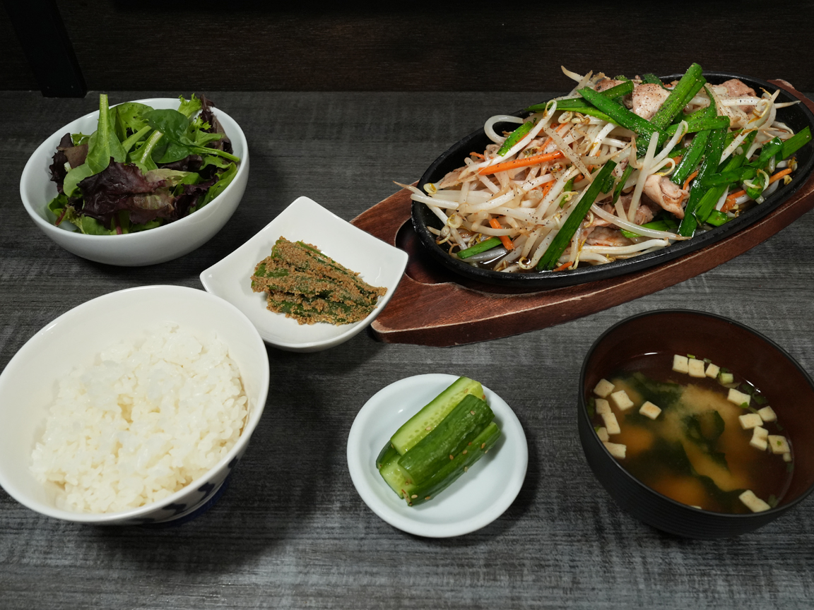 Pork and vegetable stir-fry set meal with rice and miso soup at Torrance Yokocho
