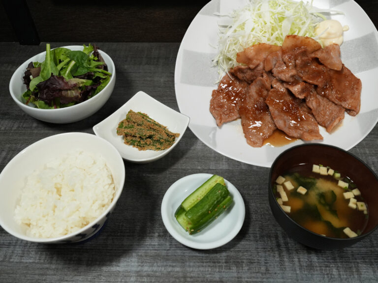 Shogayaki grilled ginger pork set meal with rice and miso soup at Torrance Yokocho