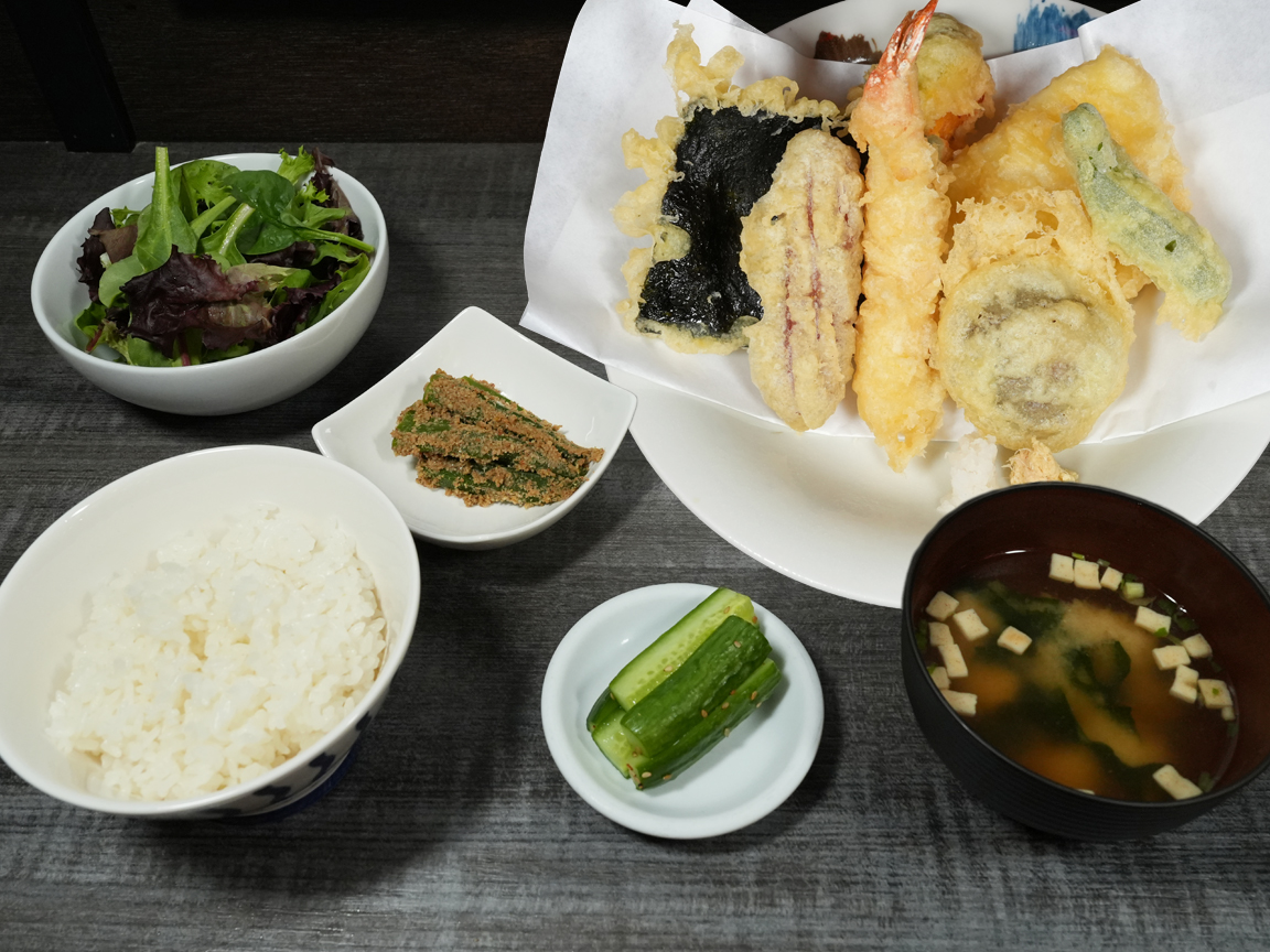 Tempura set meal with assorted tempura, rice, and miso soup at Torrance Yokocho