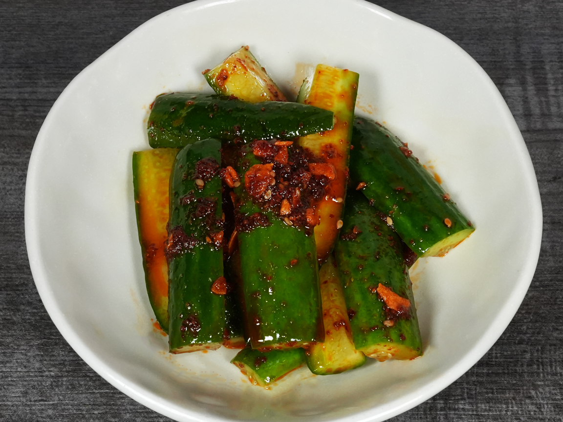 Spicy Japanese cucumber appetizer with chili seasoning at Torrance Yokocho