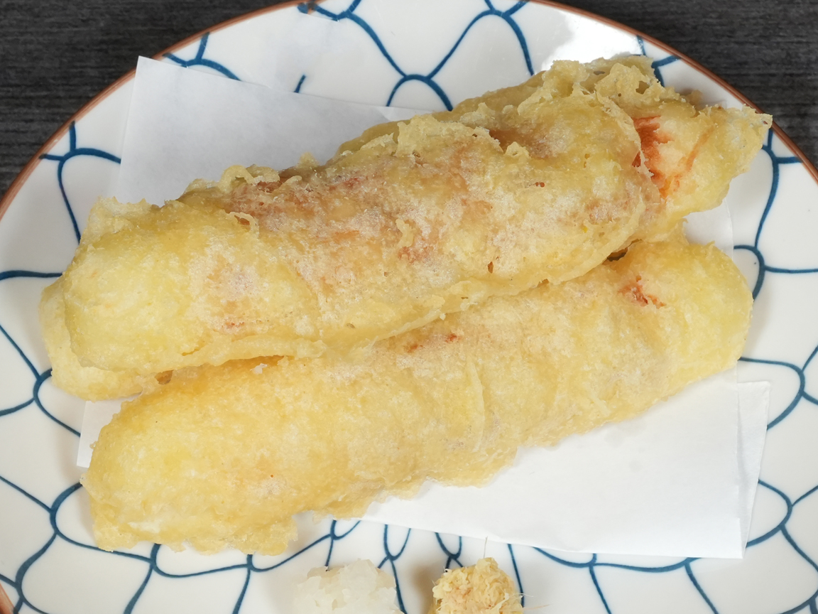 Tempura chikuwa fish cake, 3pcs, Japanese izakaya snack at Torrance Yokocho