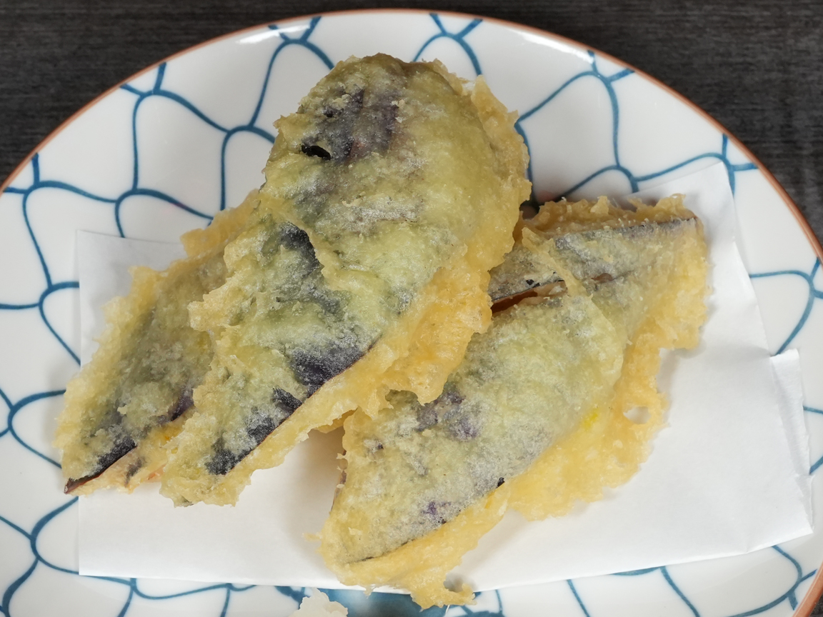 Tempura eggplant, 3pcs, crispy fried Japanese nasu at Torrance Yokocho