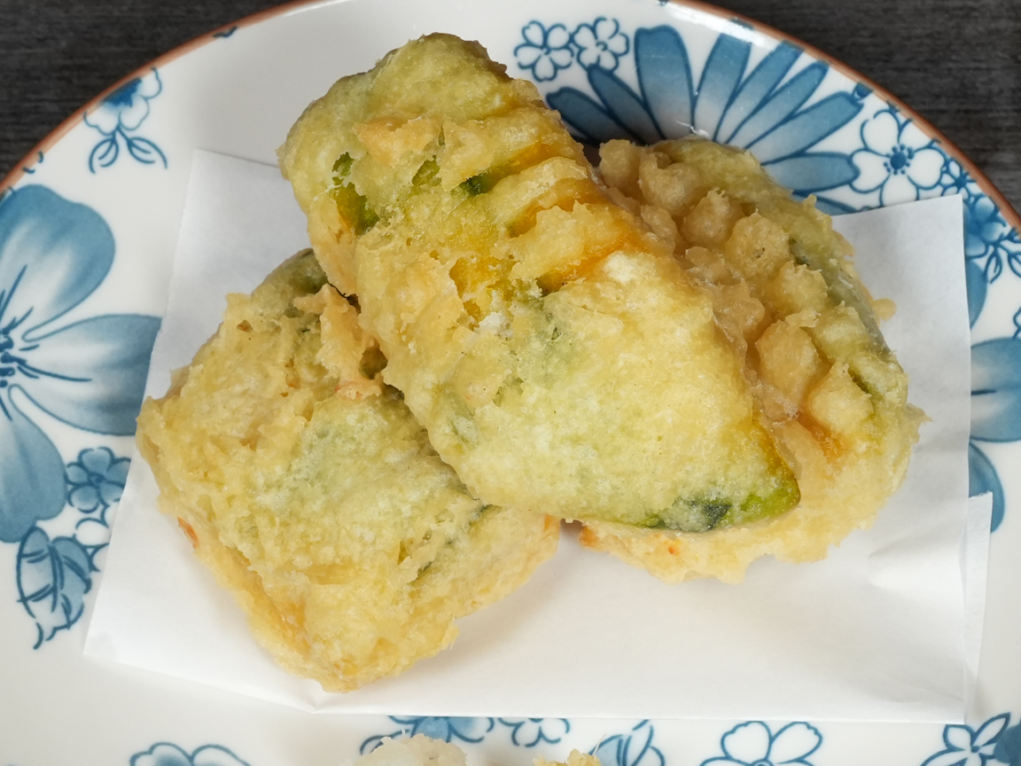 Tempura kabocha pumpkin, 3pcs, sweet Japanese pumpkin tempura at Torrance Yokocho