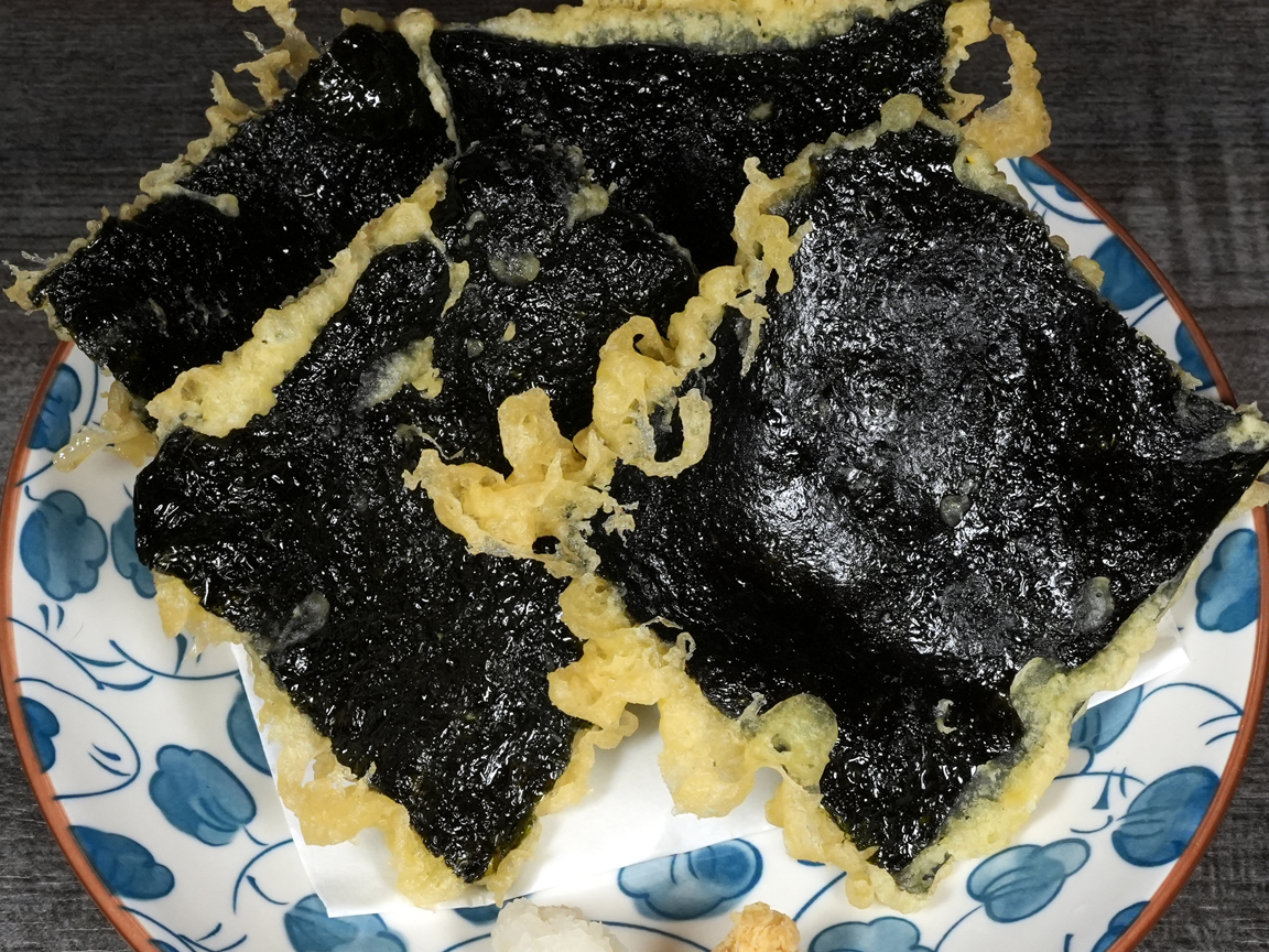 Tempura seaweed, 4pcs, crispy Japanese nori snack at Torrance Yokocho