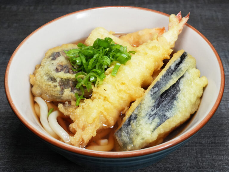 Hot tempura udon noodle soup with shrimp tempura at Torrance Yokocho