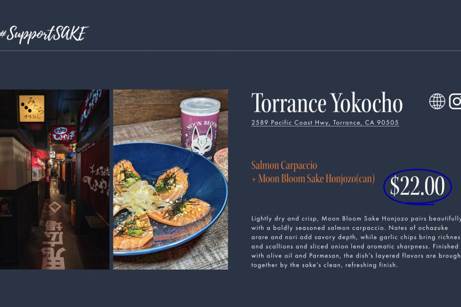 Salmon carpaccio paired with Moon Bloom Sake Honjozo can at Torrance Yokocho during Fuyu Sake Week 2026